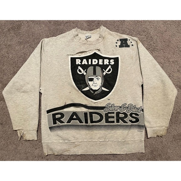 Vintage 90s Salem Oakland Raiders All Over‎ Print Sweatshirt L Distressed